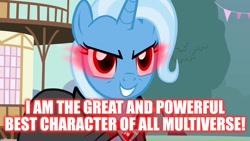 Size: 1280x720 | Tagged: safe, edit, edited screencap, imported from derpibooru, screencap, trixie, pony, unicorn, magic duel, alicorn amulet, cape, caption, clothes, evil grin, evil trixie, female, glowing, glowing eyes, grin, mare, smiling, solo, text