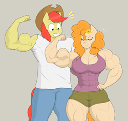 Size: 2048x1935 | Tagged: safe, artist:matchstickman, imported from derpibooru, bright mac, pear butter, anthro, earth pony, abs, armpits, bean mouth, biceps, breasts, brightbutter, busty pear butter, clothes, deltoids, duo, female, flexing, gray background, jeans, male, mare, matchstickman's pear buffer series, might mac, muscles, muscular female, muscular male, pants, pear buffer, pecs, shipping, shirt, simple background, stallion, straight, thighs, thunder thighs
