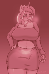 Size: 710x1064 | Tagged: safe, artist:bumpywish, imported from derpibooru, oc, oc only, oc:angular, anthro, unicorn, bedroom eyes, belly button, big breasts, blushing, breasts, clothes, digital art, disguise, disguised changeling, female, hand on hip, horn, huge breasts, monochrome, pose, skirt, solo, tanktop, tattoo, thighs, wide hips, womb tattoo