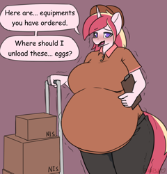 Size: 1342x1397 | Tagged: safe, artist:bumpywish, imported from derpibooru, oc, oc only, oc:angular, anthro, unicorn, amniotic fluid, bedroom eyes, belly, big belly, big breasts, blushing, box, breasts, clothes, dialogue, digital art, female, horn, huge breasts, imminent birth, looking at you, mail, mailmare, open mouth, pants, pregnant, shirt, solo, speech bubble, tail, talking, text, thighs, waterbreak, working