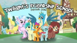 Size: 1920x1080 | Tagged: safe, artist:cheezedoodle96, artist:forest media, imported from derpibooru, gallus, ocellus, sandbar, silverstream, smolder, yona, changeling, dragon, earth pony, griffon, hippogriff, pony, yak, animated, bunny ears (gesture), jewelry, music, necklace, pearl necklace, song, student six, tongue out, webm