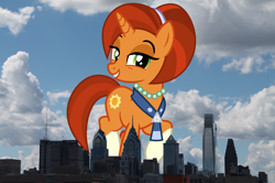 Size: 2401x1599 | Tagged: safe, artist:cheezedoodle96, artist:thegiantponyfan, edit, imported from derpibooru, stellar flare, pony, unicorn, coat markings, female, giant pony, giant stellar flare, giant unicorn, giantess, high res, highrise ponies, irl, jewelry, looking at you, macro, mare, mega giant, necklace, pearl necklace, pennsylvania, philadelphia, photo, ponies in real life, smiling, socks (coat markings), story included