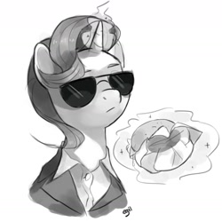 Size: 1871x1871 | Tagged: safe, artist:cadillac-dynamite, imported from derpibooru, starlight glimmer, pony, unicorn, burger, clothes, food, glowing, glowing horn, hamburger, horn, monochrome, solo, suit, sunglasses