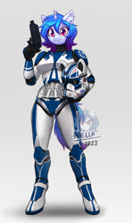 Size: 1581x2671 | Tagged: safe, artist:gempainter32, imported from derpibooru, oc, oc only, oc:diamond nella, anthro, unguligrade anthro, unicorn, anthro oc, armor, bedroom eyes, blaster, blue mane, clone trooper, clothes, ear fluff, eye clipping through hair, female, gradient mane, gun, handgun, helmet, holding, horn, ibispaint x, looking at you, magenta eyes, mare, pistol, simple background, smiling, smiling at you, solo, star wars, stripes, suit, unicorn oc, watermark, weapon