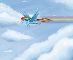 Size: 1200x1000 | Tagged: safe, artist:maravor, imported from derpibooru, rainbow dash, pegasus, pony, cloud, female, flying, mare, rainbow trail, sky, solo