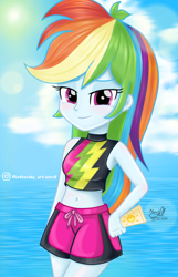 Size: 652x1014 | Tagged: safe, artist:fluttershy_art.nurul, imported from derpibooru, rainbow dash, equestria girls, equestria girls series, forgotten friendship, belly button, clothes, female, ocean, sleeveless, solo, sunscreen, swimming trunks, swimsuit, water