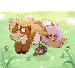 Size: 877x800 | Tagged: safe, artist:flixanoa, imported from derpibooru, oc, oc only, oc:chestnut, oc:orchid, deer, deer pony, original species, peryton, duo