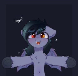 Size: 1479x1435 | Tagged: safe, artist:flixanoa, imported from derpibooru, oc, oc only, oc:scrimmy, bat pony, pony, bat pony oc, belly button, bipedal, chest fluff, fluffy, heterochromia, hug request, solo