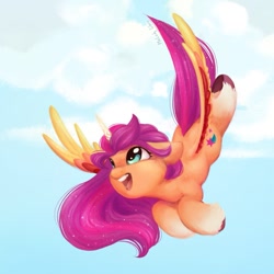 Size: 1200x1200 | Tagged: safe, artist:melodylibris, imported from derpibooru, sunny starscout, alicorn, earth pony, pony, alicornified, cloud, cute, female, flying, g5, glowing, glowing horn, glowing wings, happy, horn, looking up, mare, my little pony: a new generation, open mouth, open smile, race swap, sky, smiling, solo, spread wings, sunnybetes, sunnycorn, unshorn fetlocks, wings