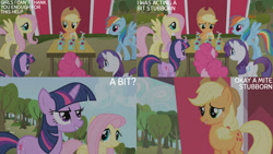 Size: 1280x720 | Tagged: safe, edit, edited screencap, editor:quoterific, imported from derpibooru, screencap, applejack, fluttershy, pinkie pie, rainbow dash, rarity, twilight sparkle, earth pony, pegasus, pony, unicorn, applebuck season, season 1, applejack's hat, cowboy hat, female, hat, mane six, mare, smiling, spread wings, text, unicorn twilight, wings