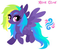 Size: 1920x1635 | Tagged: safe, artist:kabuvee, imported from derpibooru, oc, oc only, oc:neon glow, pegasus, pony, eyelashes, female, flying, full body, hooves, lineless, mare, multicolored mane, multicolored tail, pegasus oc, simple background, smiling, solo, spread wings, tail, transparent background, wings