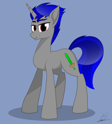 Size: 1800x2000 | Tagged: safe, artist:benzayngcup, imported from derpibooru, oc, oc only, oc:enigan, pony, unicorn, blue background, full body, hooves, horn, shading, shadow, signature, simple background, solo, standing, unicorn oc