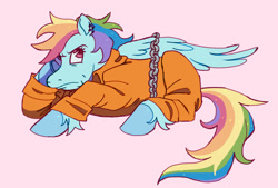 Size: 1086x736 | Tagged: safe, artist:freedomeverlasting, imported from derpibooru, rainbow dash, pegasus, pony, bound wings, chained, chains, clothes, grumpy, prison outfit, prisoner rd, solo, wings