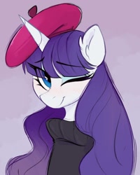 Size: 1096x1368 | Tagged: safe, artist:crimmharmony, imported from derpibooru, rarity, pony, unicorn, abstract background, beatnik rarity, beret, clothes, hat, solo, sweater