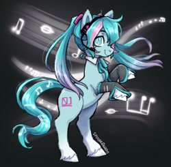 Size: 1116x1092 | Tagged: safe, artist:sp00kberry, imported from derpibooru, earth pony, pony, anime, cute, hair ornament, hatsune miku, headphones, music notes, necktie, ponified, solo, vocaloid