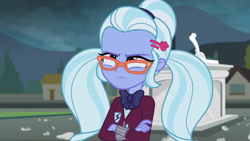 Size: 3410x1920 | Tagged: safe, imported from derpibooru, screencap, sugarcoat, equestria girls, friendship games, crossed arms, female, glasses, high res, pigtails, solo, statue, sugarcoat is not amused, twintails, unamused