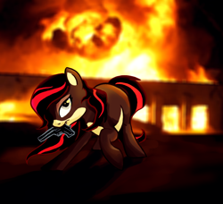 Size: 824x750 | Tagged: safe, artist:bedupolker, imported from derpibooru, oc, oc only, earth pony, pony, cool guys don't look at explosions, explosion, gun, handgun, mouth hold, pistol, solo