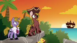 Size: 1574x876 | Tagged: safe, artist:bedupolker, imported from derpibooru, oc, oc only, earth pony, pony, unicorn, boat, eyepatch, hat, ocean, palm tree, pirate, pirate hat, sun, tree, water