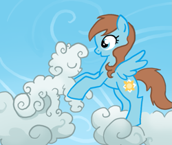 Size: 685x579 | Tagged: safe, artist:bedupolker, imported from derpibooru, oc, oc only, cloud pony, pegasus, pony, brown mane, brown tail, cloud, hooves, on a cloud, pegasus oc, solo, spread wings, tail, wings