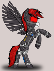 Size: 2133x2812 | Tagged: safe, artist:enteryourponyname, imported from derpibooru, oc, oc:blackjack, cyborg, pony, fallout equestria, fallout equestria: project horizons, ace of spades, amputee, angry, artificial alicorn, artificial wings, augmented, cyber eyes, cyber legs, cybernetic legs, female, glowing, glowing eyes, level 4 (alicorn eclipse) (project horizons), mare, mechanical wing, playing card, simple background, solo, wings