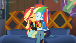 Size: 8000x4500 | Tagged: safe, artist:metalhead97, imported from derpibooru, rainbow dash, sunset shimmer, human, equestria girls, equestria girls series, clothes, commission, couch, dress, duo, duo female, eyes closed, female, hoodie, kiss on the lips, kissing, lesbian, love, making out, poster, shipping, show accurate, sunsetdash