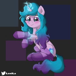 Size: 1320x1320 | Tagged: safe, artist:lenilahighlight, imported from derpibooru, izzy moonbow, pony, unicorn, abstract background, blushing, clothes, cute, female, g5, glowing, glowing horn, horn, izzybetes, looking at something, magic, mare, simple background, sitting, smiling, socks, solo, striped socks