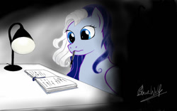 Size: 1280x800 | Tagged: safe, artist:adolphusarthuro, imported from derpibooru, silver glow, pegasus, pony, book, fanfic art, lamp, pencil in mouth, solo
