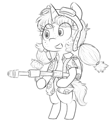 Size: 670x730 | Tagged: safe, artist:cherro, imported from derpibooru, oc, oc only, oc:nina rauser, pony, unicorn, bipedal, clothes, flamethrower, hawaiian shirt, shirt, simple background, solo, weapon, white background