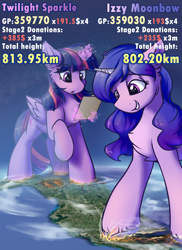 Size: 1600x2200 | Tagged: safe, artist:ravistdash, imported from derpibooru, izzy moonbow, twilight sparkle, alicorn, pony, unicorn, spoiler:g5, chest fluff, cute, destruction, earth, female, florida, g5, growth drive, izzybetes, macro, magic, ocean, out of character, rampage, smiling, smirk, text, twiabetes, twilight sparkle (alicorn), water