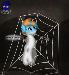 Size: 3840x4154 | Tagged: safe, artist:damlanil, imported from derpibooru, oc, oc only, oc:frizzen, alicorn, pony, spider, bondage, bound, cave, cocoon, colt, colt prey, commission, crying, descriptive noise, foal, gag, horn, male, muffled moaning, no mouth, onomatopoeia, show accurate, solo, spider web, suspended, suspension bondage, vector, web gag