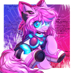Size: 3000x3000 | Tagged: safe, artist:ask-colorsound, imported from derpibooru, oc, oc only, oc:lillybit, pony, abstract background, adorkable, bow, commission, cute, dork, female, gaming headset, glitch art, headphones, headset, mare, outfit, raised hoof, ribbon, sitting, tongue out, ych result