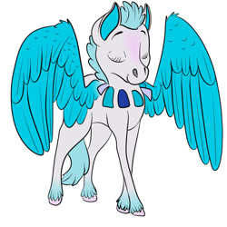 Size: 894x894 | Tagged: safe, artist:radioactivemantaray, imported from derpibooru, pegasus, pony, blue wings, collar, colored hooves, eyes closed, gradient legs, gray coat, short mane, simple background, solo, unshorn fetlocks, webkinz, white background, wings