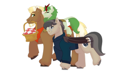 Size: 1280x732 | Tagged: safe, artist:itstechtock, imported from derpibooru, oc, oc:emerald grove, oc:stoutheart, oc:waxing lyrical, bat pony, kirin, pony, basket, picnic basket, simple background, transparent background