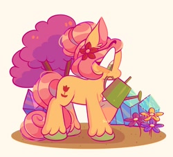 Size: 1595x1447 | Tagged: safe, artist:sidruni, imported from derpibooru, earth pony, pony, crystal, flower, posey bloom, simple background, solo, tree, watering can