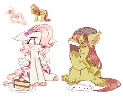 Size: 1717x1347 | Tagged: safe, artist:sidruni, imported from derpibooru, munchy, yum yum, earth pony, pegasus, pony, beanie, cake, cake slice, disapproval, duo, eating, floppy ears, food, hat, simple background, white background