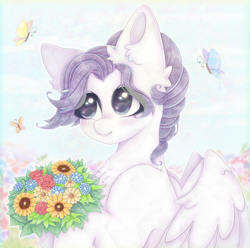 Size: 2020x2000 | Tagged: safe, artist:saltyvity, imported from derpibooru, oc, oc only, butterfly, crystal pony, pegasus, pony, big eyes, blushing, cloud, commission, crystal eyes, cute, cute face, cute smile, flower, purple eyes, purple hair, sky, solo, sparkles, spring