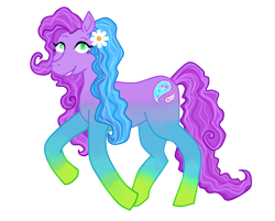 Size: 2524x2026 | Tagged: safe, artist:vernorexia, imported from derpibooru, earth pony, pony, blue mane, colored hooves, colored pupils, curly hair, curly mane, curly tail, daisy paisley, digital art, eyelashes, flower, flower in hair, g3, g3 to g4, g4, generation leap, gradient legs, green eyes, highlights, long mane, long tail, multicolored hair, purple coat, purple mane, simple background, smiling, solo, stylized, tail, transparent background, wingding eyes