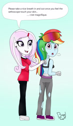 Size: 1912x3281 | Tagged: safe, artist:bageloftime, imported from derpibooru, fleur-de-lis, rainbow dash, equestria girls, bandage, checkup, clothes, commission, nurse, nurse fleur, pants, scrubs (gear), ski goggles, speech bubble, sports bra, stethoscope, torn clothes