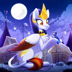 Size: 1200x1200 | Tagged: safe, artist:scarlet-spectrum, imported from derpibooru, oc, oc:diamond sun, oc:hawker hurricane, pegasus, pony, sphinx, chest fluff, clothes, colored wings, commission, costume, fangs, female, hawkmond, male, mare, moon, night, nightmare night, paws, size difference, slim, stallion, watermark, wings