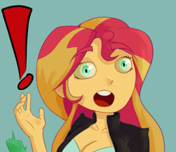 Size: 717x620 | Tagged: safe, artist:vsma8, edit, imported from derpibooru, sunset shimmer, equestria girls, breasts, busty sunset shimmer, cleavage, cropped, exclamation point, female, open mouth, reaction image, solo