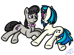 Size: 1024x768 | Tagged: safe, artist:spinoffjoe, imported from derpibooru, dj pon-3, octavia melody, vinyl scratch, earth pony, pony, unicorn, duo, female, lesbian, looking at each other, looking at someone, scratchtavia, shipping, simple background, smiling, transparent background