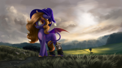 Size: 4000x2250 | Tagged: safe, artist:flusanix, imported from derpibooru, oc, oc only, bat pony, pony, cloud, cloudy, crepuscular rays, grass, hat, lantern, leonine tail, mountain, scenery, solo, tail, tree, wizard hat