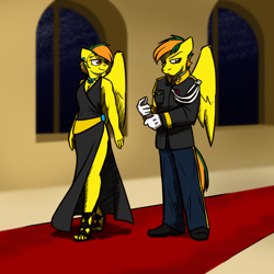 Size: 1280x1280 | Tagged: safe, artist:captainhoers, imported from derpibooru, oc, oc only, oc:dual screen, anthro, pegasus, plantigrade anthro, breasts, cleavage, clothes, colored, colored sketch, dress, dress uniform, female, high heels, male, mare, shoes, simple background, stallion, uniform, wonderbolts dress uniform