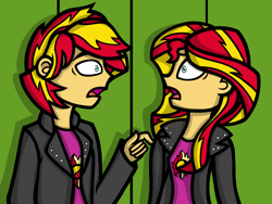 Size: 1024x768 | Tagged: safe, artist:spinoffjoe, imported from derpibooru, sunset shimmer, equestria girls, clothes, duo, equestria guys, female, jacket, leather jacket, male, open mouth, r63 paradox, rule 63, self paradox, self ponidox, shocked, sunset glare, wide eyes