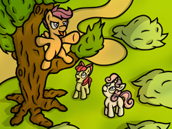 Size: 2048x1536 | Tagged: safe, artist:spinoffjoe, imported from derpibooru, apple bloom, scootaloo, sweetie belle, earth pony, pegasus, pony, unicorn, bipedal, cutie mark crusaders, female, filly, foal, open mouth, tree, trio, trio female