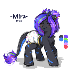 Size: 2104x2254 | Tagged: safe, artist:vaiola, imported from derpibooru, oc, oc only, oc:mira, pony, blue tongue, blushing, chest fluff, cute, diaper, ear piercing, earring, eyebrows, eyes closed, female, full body, hair bun, happy, horn, jewelry, mare, multiple horns, non-baby in diaper, piercing, poofy diaper, reference sheet, simple background, solo, tail, tail hole, tongue out, white background