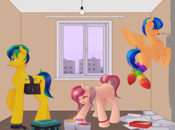 Size: 5889x4384 | Tagged: safe, artist:vetta, imported from derpibooru, oc, oc only, oc:artell, oc:dashka bun, oc:eclair winglain, earth pony, pegasus, pony, unicorn, building, clothes, drill, pencil, rainbow socks, socks, striped socks, tongue out, toolbox, tools, window, wrench