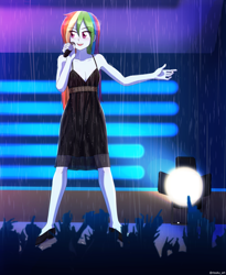 Size: 818x1000 | Tagged: safe, artist:riouku, imported from derpibooru, rainbow dash, equestria girls, alternate hairstyle, black dress, clothes, commission, commissioner:ajnrules, concert, crowd, dress, female, flats, little black dress, microphone, open mouth, rain, rainbow dash always dresses in style, shoes, singing, solo, spotlight, stage, wet dress, wet hair