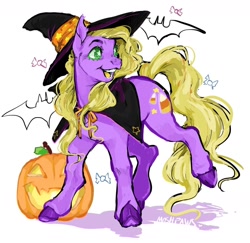 Size: 1280x1246 | Tagged: safe, artist:moshpaws, imported from derpibooru, abra-ca-dabra, bat, earth pony, pony, cape, clothes, halloween, hat, holiday, jack-o-lantern, pumpkin, simple background, solo, white background, witch hat
