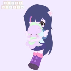 Size: 1280x1280 | Tagged: safe, artist:littlkittie, imported from derpibooru, spike, twilight sparkle, alicorn, anthro, dragon, chibi, clothes, duo, equestria girls outfit, holding, twilight sparkle (alicorn), watermark